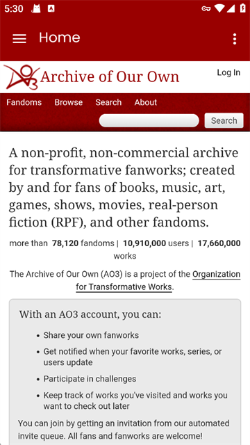 AO3官方侧栏导航界面